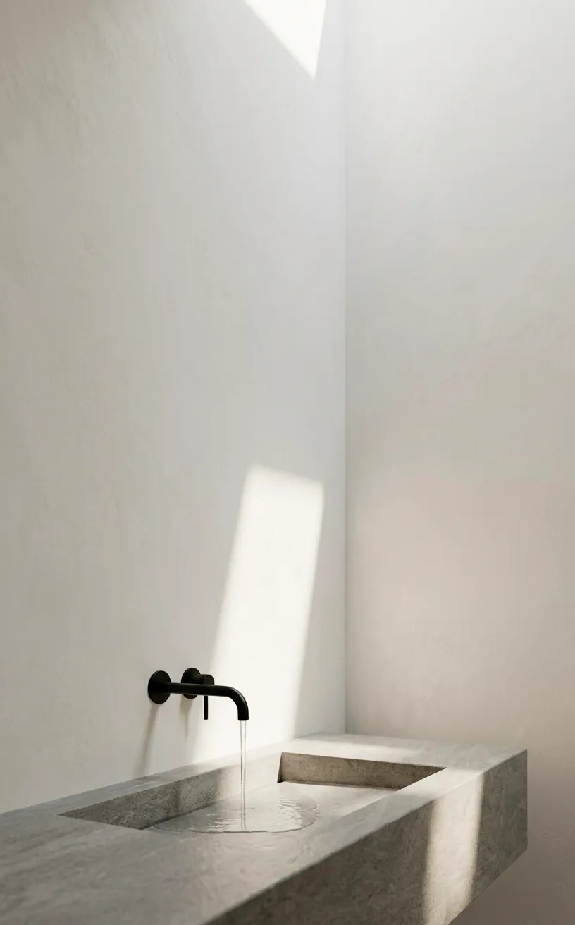 Minimalist bathroom design highlighting negative space on an off-white plaster wall with black fixtures.