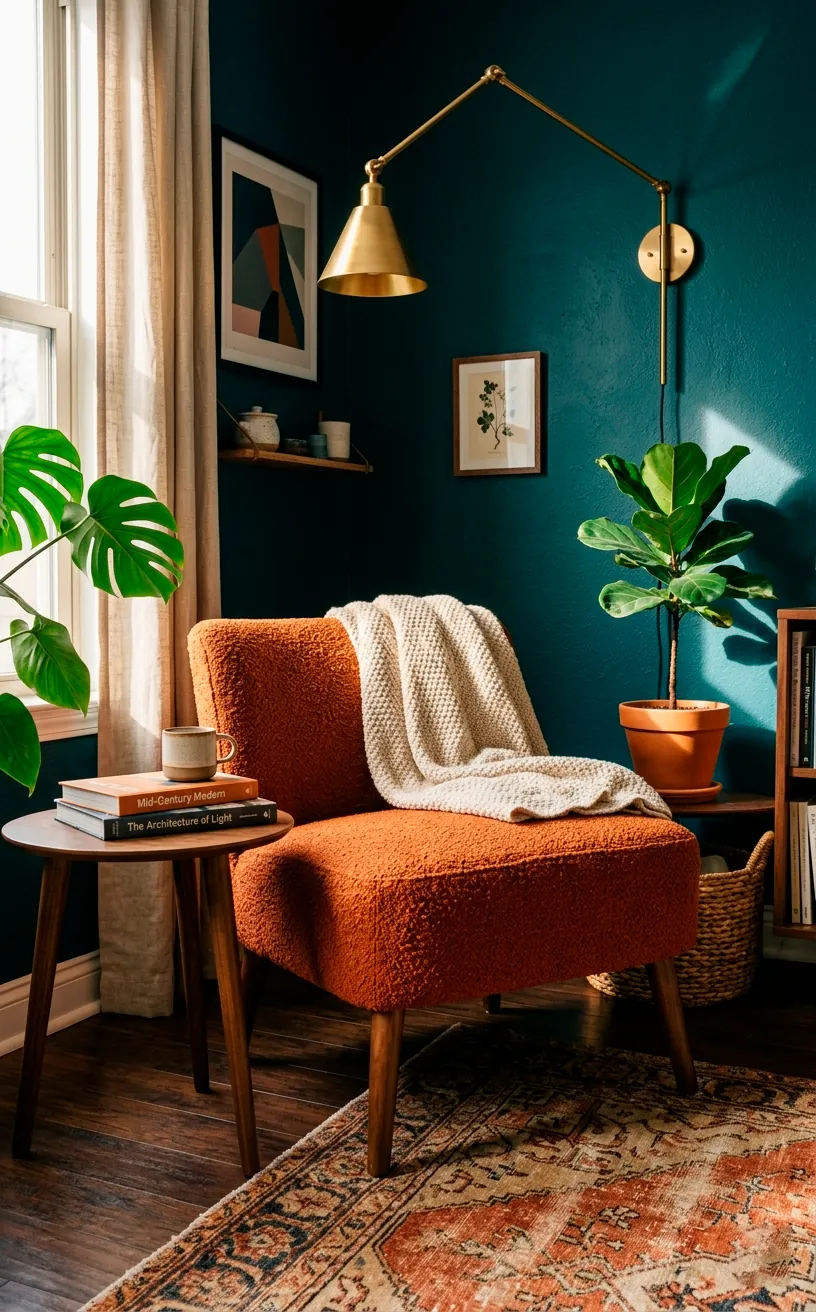 Compact burnt orange mid-century accent chair with tapered legs tucked into a stylish teal corner.