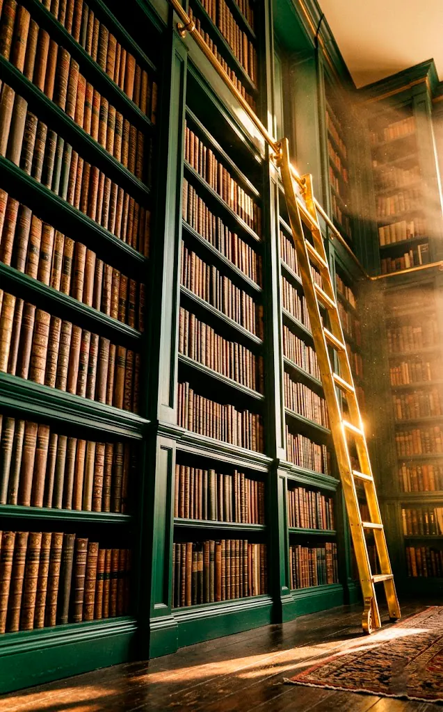 Low angle view of tall emerald green bookshelves with a brass rolling ladder catching golden hour sunlight.