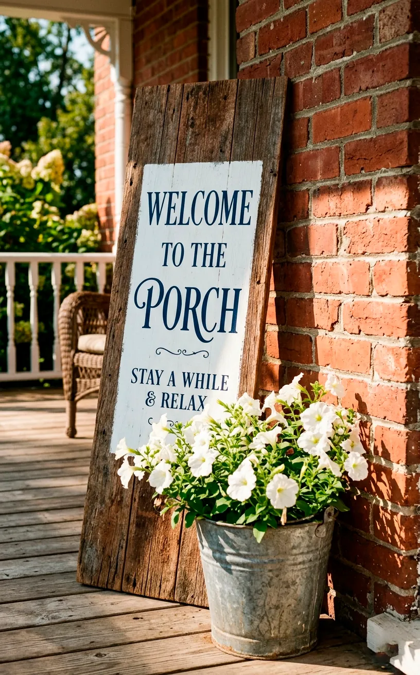 Close-up of a rustic reclaimed barn wood porch sign with crisp navy font surrounded by white petunias