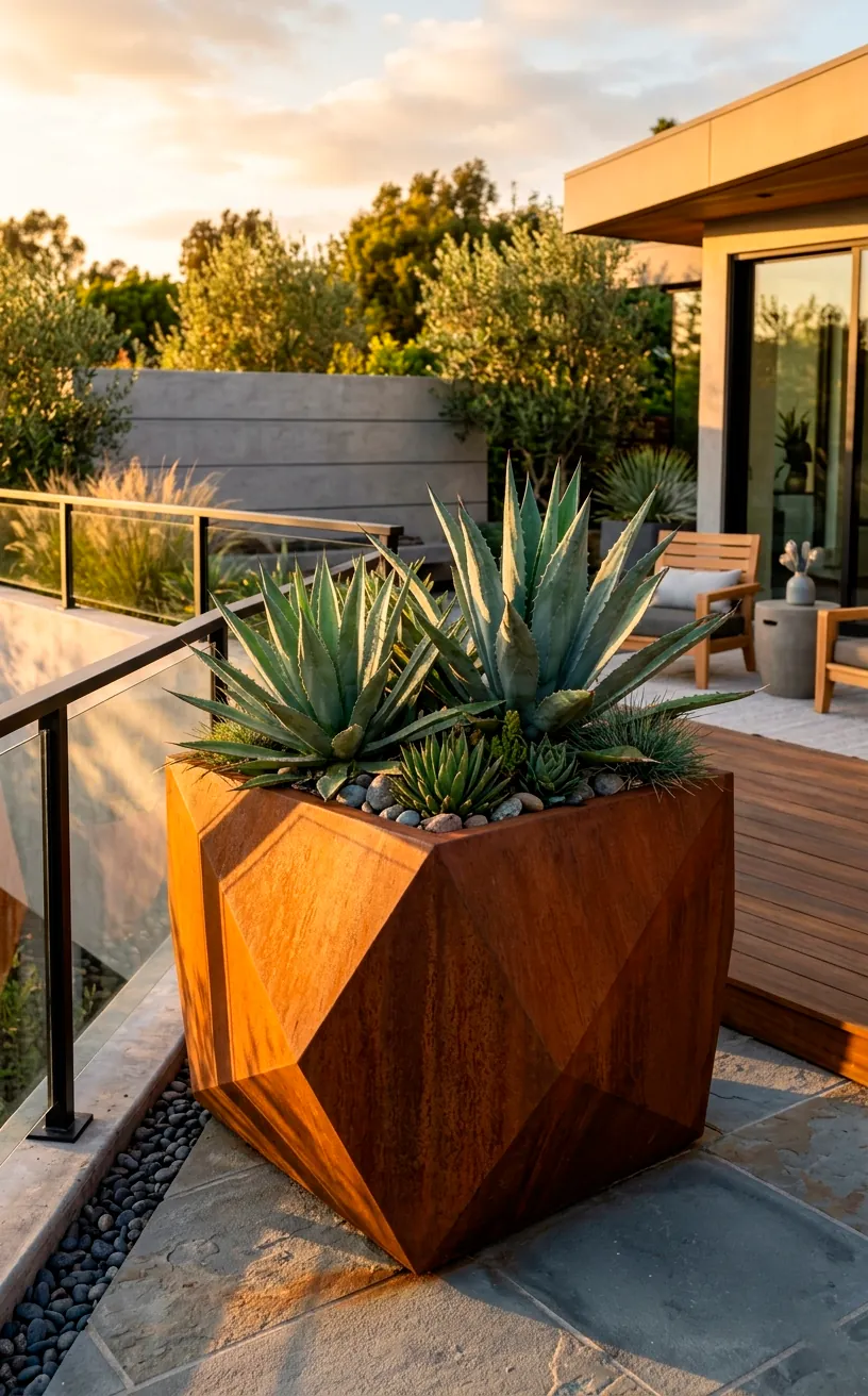 Rusty Corten steel geometric planter with agave plants on a modern patio.
