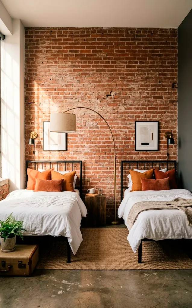 Symmetrical modern industrial twin beds placed against a weathered red brick accent wall with bright white bedding.