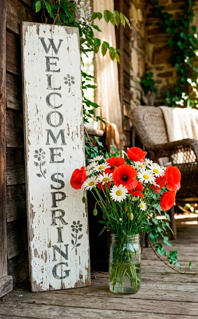 Distressed white porch sign standing by a clear mason jar vase filled with red poppies and white daisies
