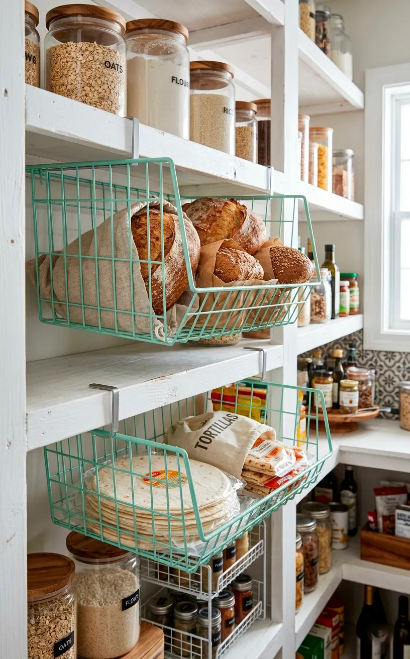 Mint green under-shelf wire baskets smartly holding fresh loaves of bread and tortillas inside a small walk-in pantry.