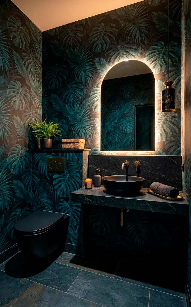Dark tropical monstera wallpaper in a moody modern powder room