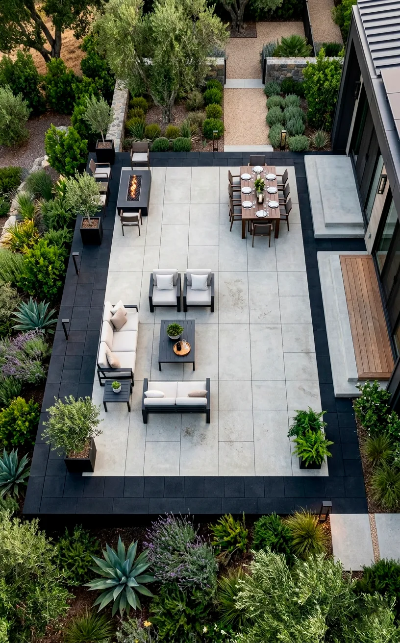 Jet-black paver border on a modern patio creating a dark vanishing edge illusion.