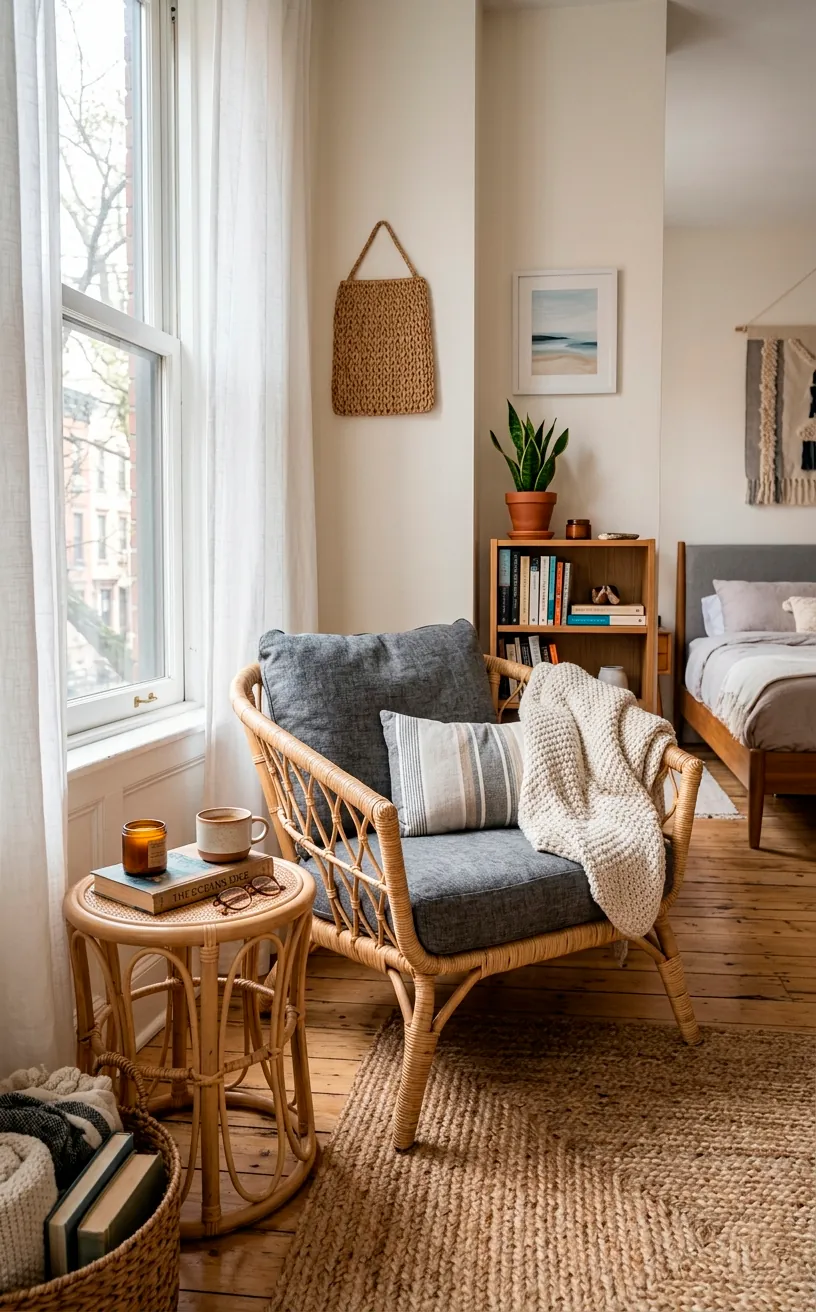 Natural rattan chair with a plush grey cushion and matching side table