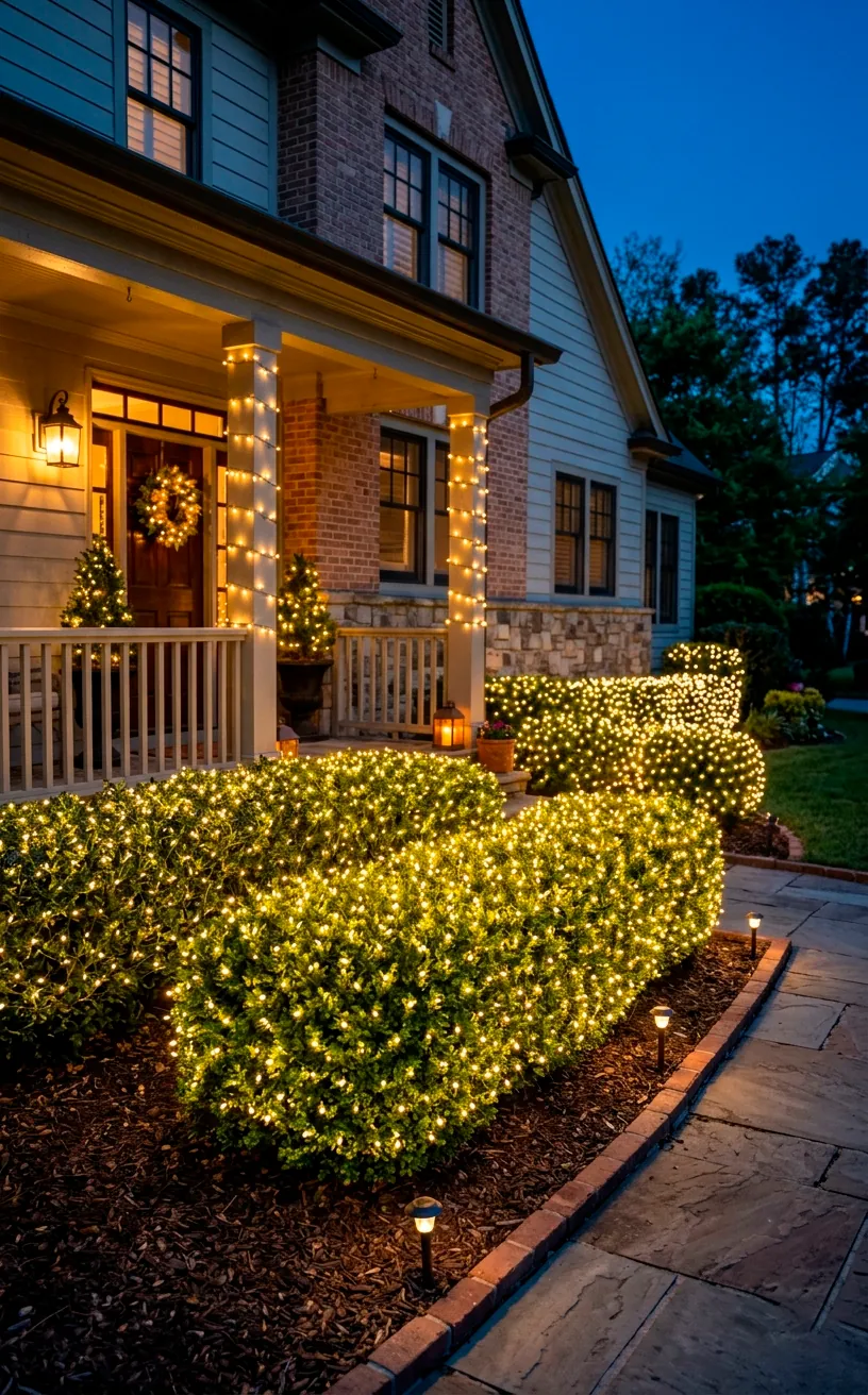 Green front yard bushes evenly covered in glowing LED net lights
