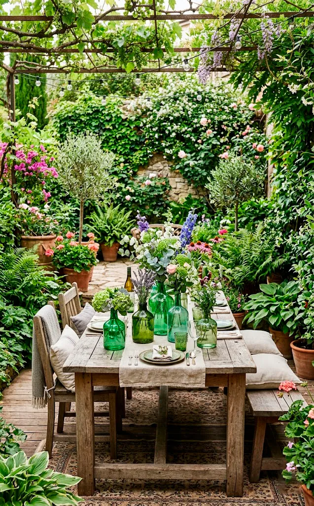 Outdoor patio setting featuring upcycled green glass vases on a rustic wooden table surrounded by plants.