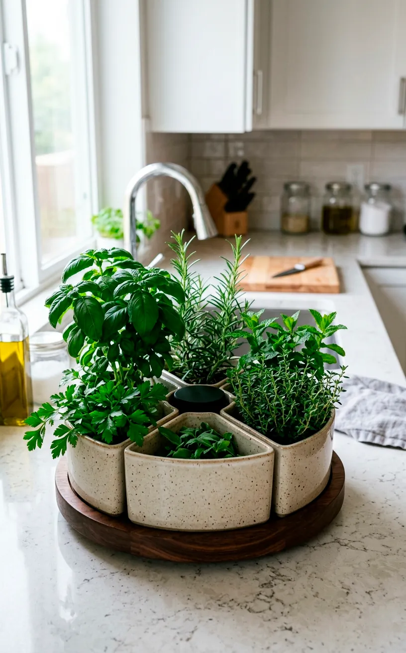 Rotating Lazy Susan self watering herb carousel planter on a kitchen island.