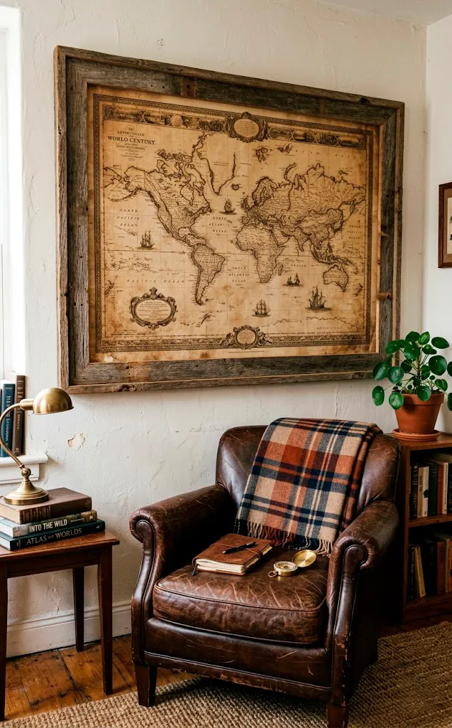 Sepia-toned vintage map framed in distressed barn wood on a wall
