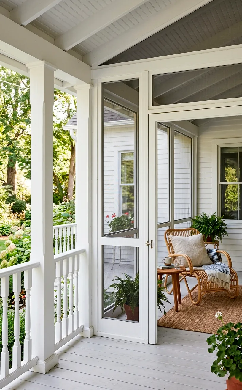 Crisp white framed screened-in side section smoothly integrating into a modern wrap-around porch.