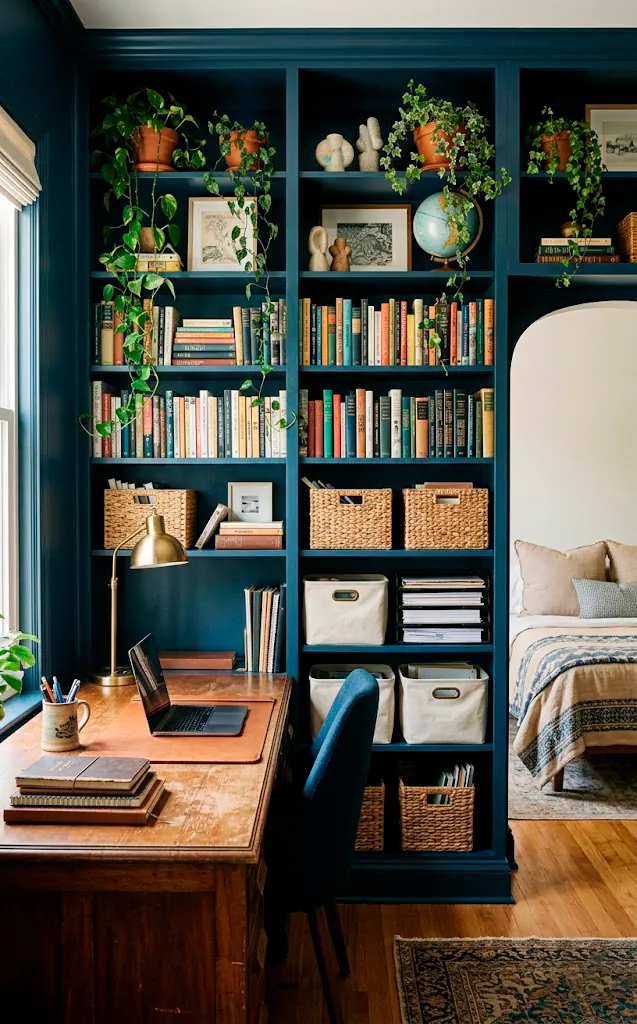 Floor-to-ceiling navy bookshelves surrounding a wooden desk in a guest room