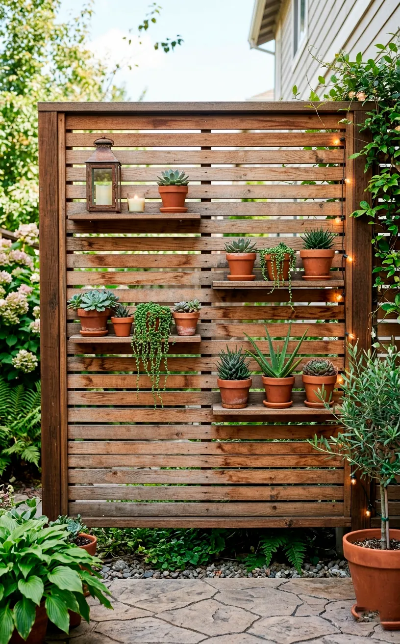 An outdoor wooden privacy screen with built-in shelves displaying succulents and a lantern.