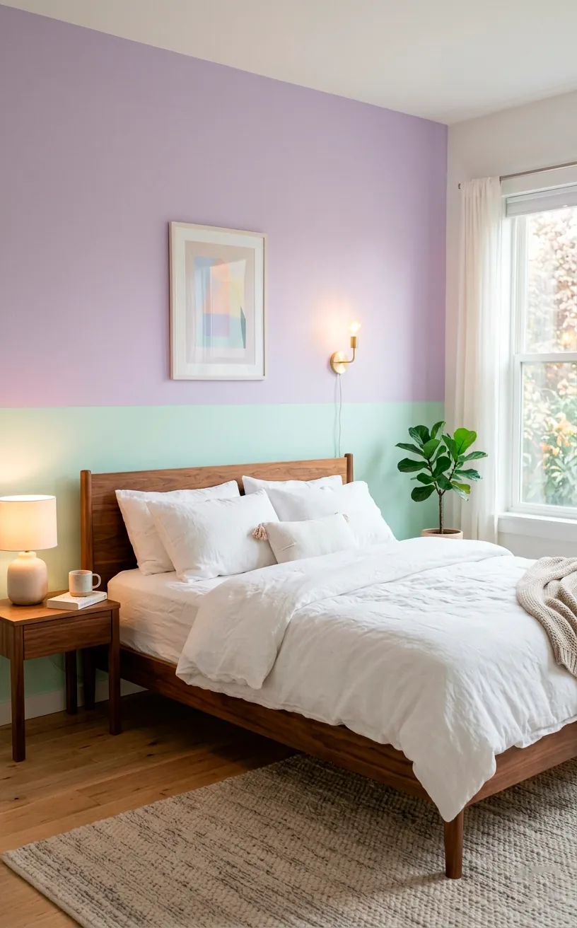 Bedroom with vaporwave pastel walls in lavender and mint green next to walnut furniture.