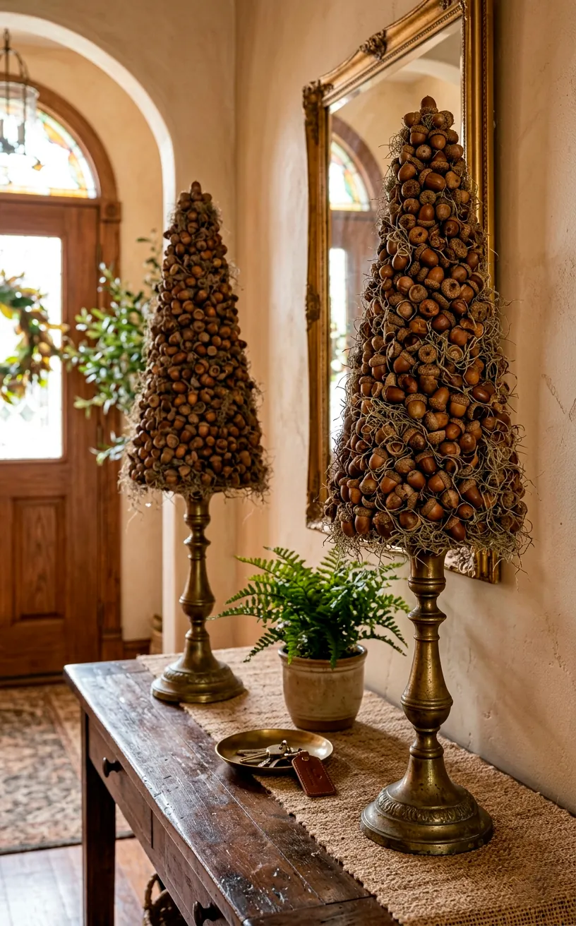 Acorn covered topiary cones displayed on vintage brass candlestick bases.