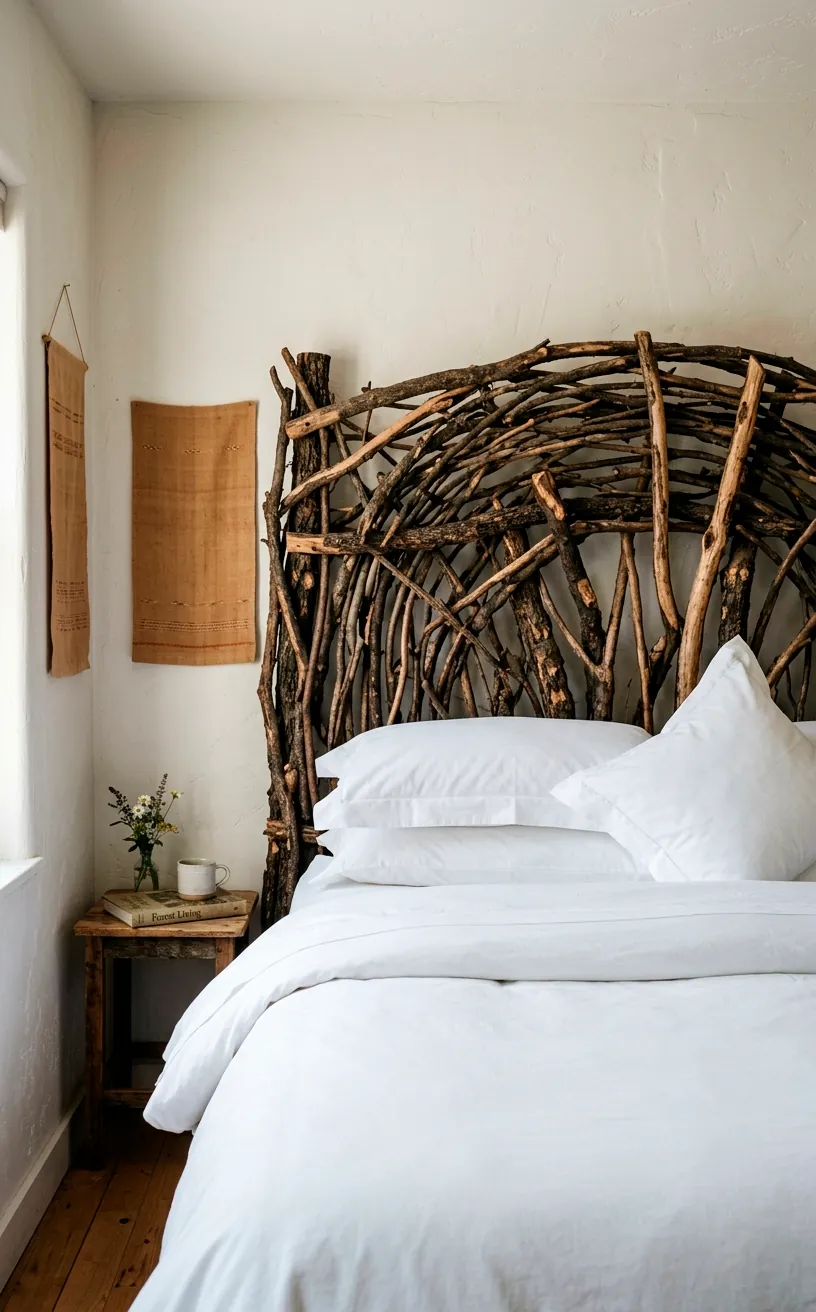 Raw natural twig and unpeeled branch rattan headboard with bright white crisp hotel-style sheets