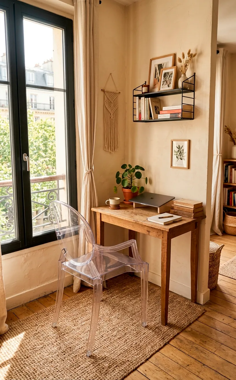 Clear acrylic ghost chair sitting at a desk in a cream studio apartment