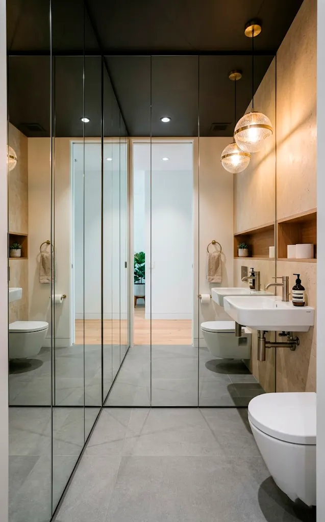 Floor-to-ceiling mirrored cabinets hiding storage in a small modern powder room