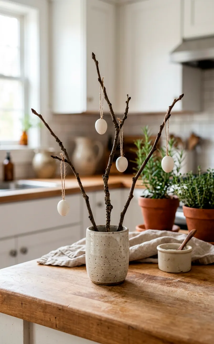 Small ceramic tumbler holding twigs and tiny white eggs on a kitchen counter.