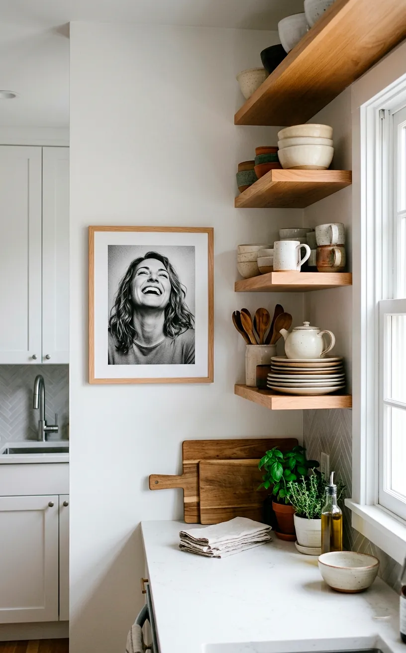 Candid black and white portrait of a laughing person in a modern kitchen.