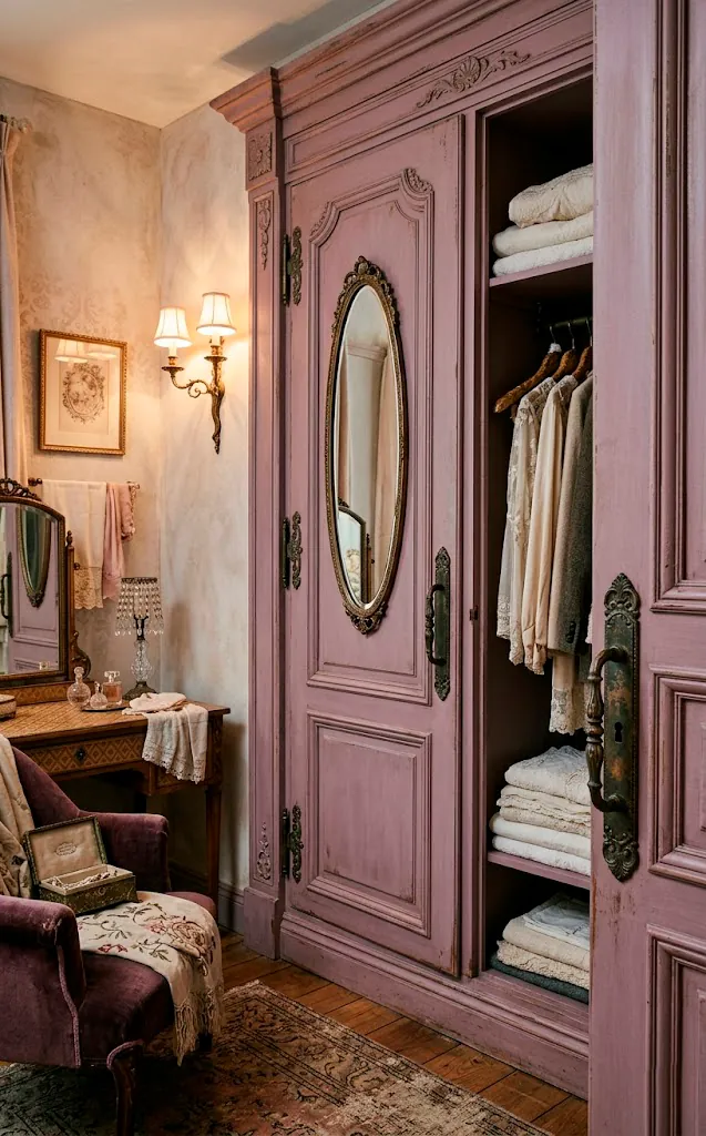 Vintage soft mauve closet featuring patinated antique bronze hardware and wall sconces