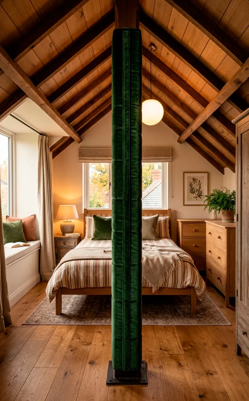 Structural support pole in an attic bedroom beautifully wrapped in padded dark green velvet