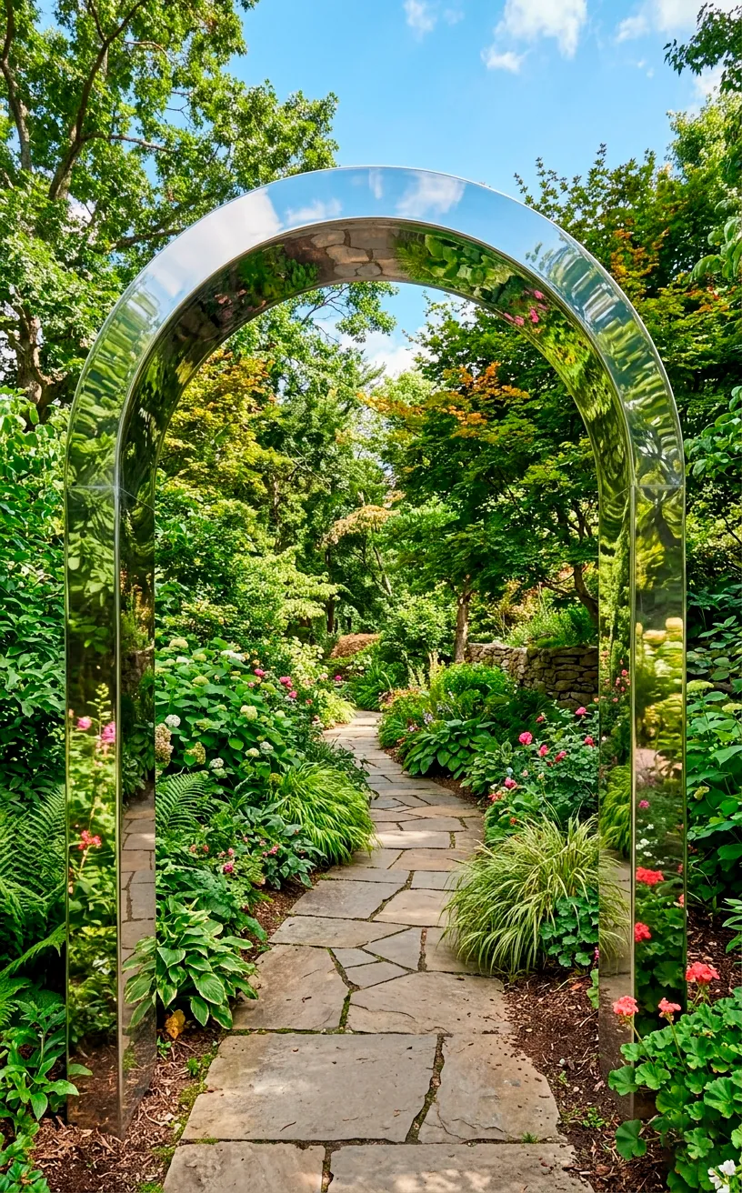 Polished stainless steel garden archway reflecting surrounding greenery.