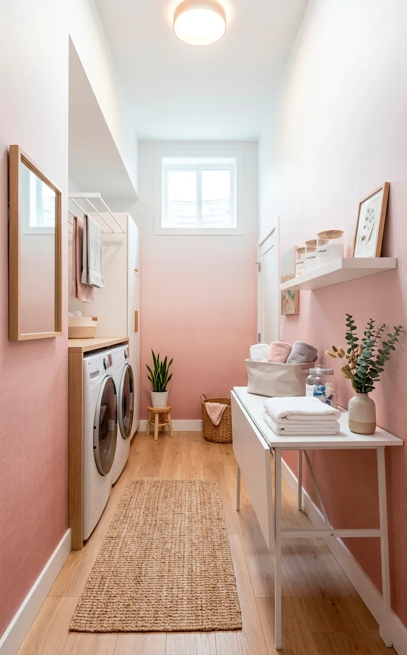 Airy laundry room transformed by dusty pink ombre wallpaper fading to pure white at the ceiling