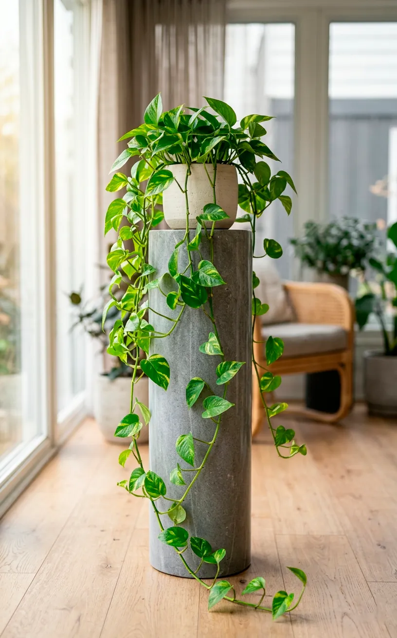 Sleek gray stone pedestal table holding a cascading pothos plant in a sunroom.