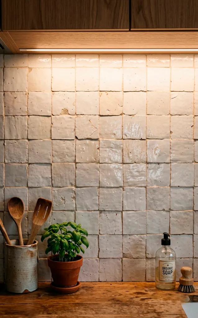 White Zellige tile kitchen backsplash with soft under-cabinet lighting.