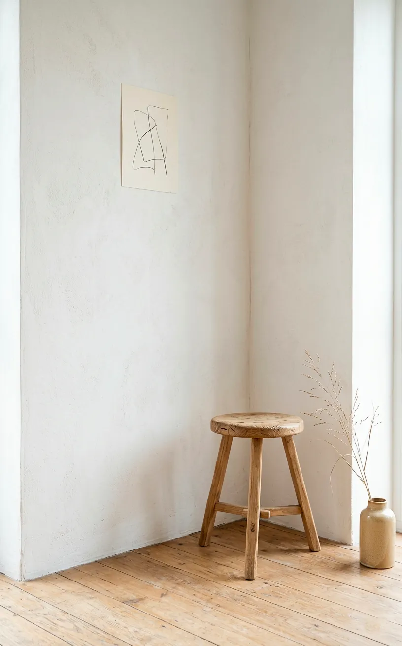 Matte chalky white textured wall with a raw wood accent stool.