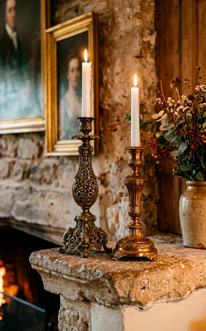 A pair of tall antique brass candle holders with white taper candles on a stone mantelpiece.