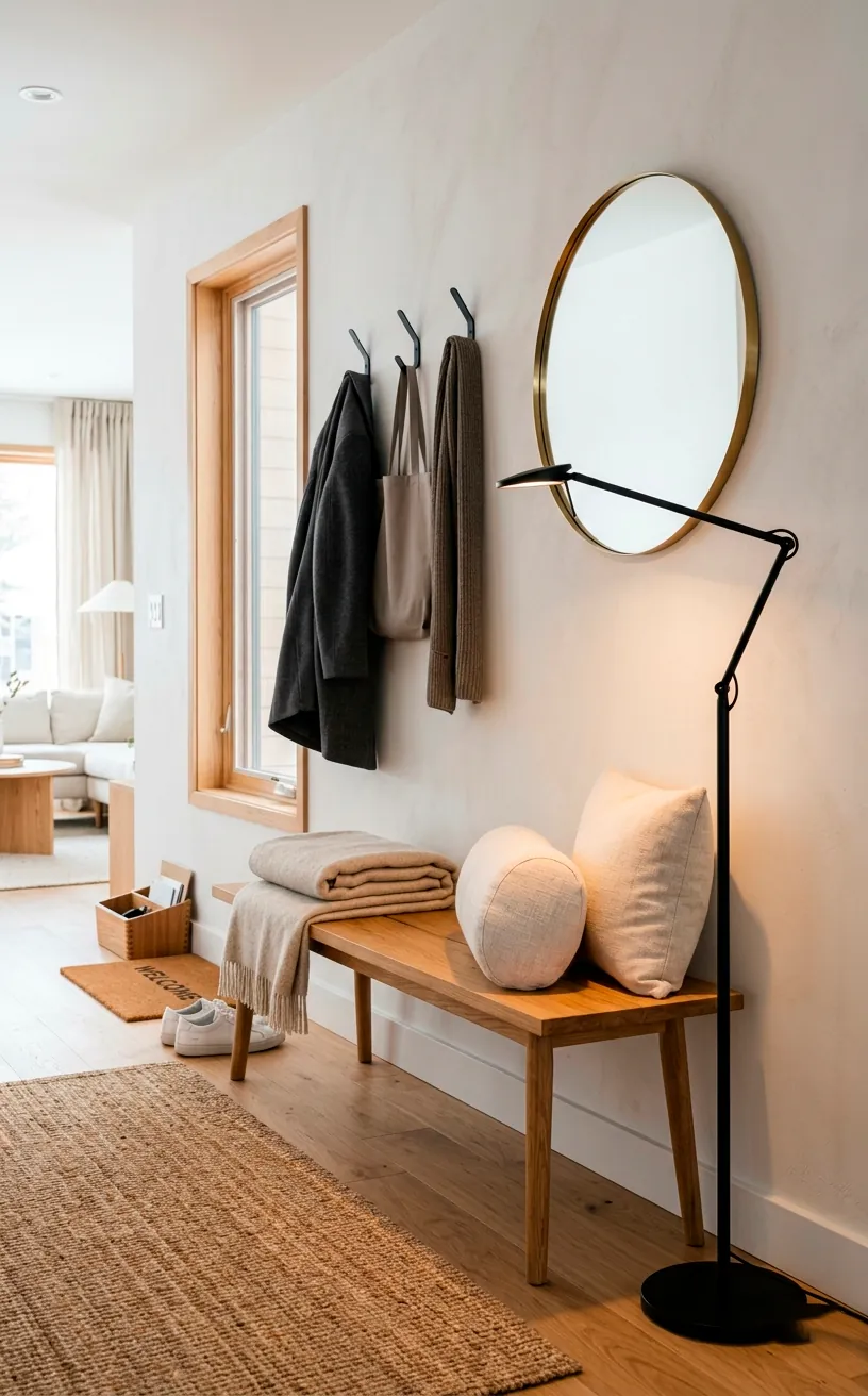 Sleek wooden entryway bench styled with plush bolster pillows and a focused black modern floor lamp.
