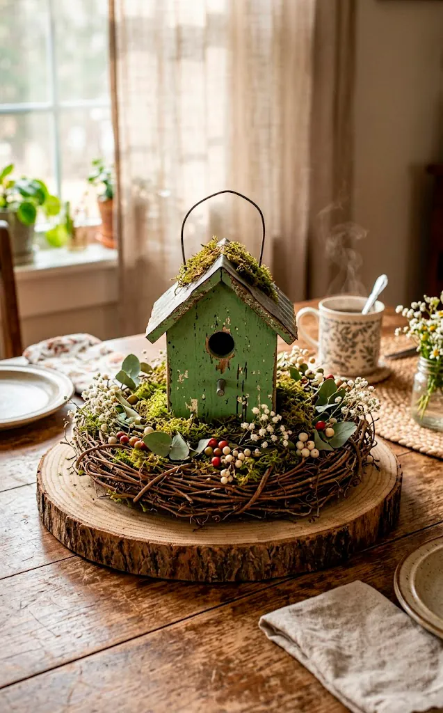 Distressed small birdhouse on a wood slice surrounded by a twig nest.
