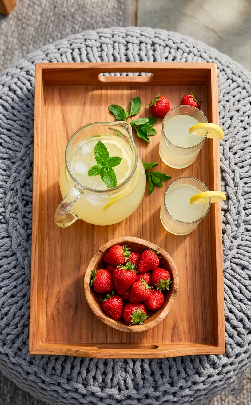 An oversized teak serving tray holding lemonade and fruit on a gray outdoor pouf.