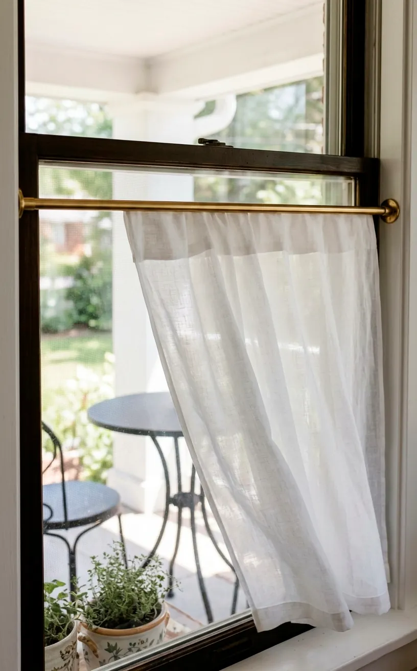 White linen semi-sheer cafe curtains on a thin brass rod hanging on a porch window.