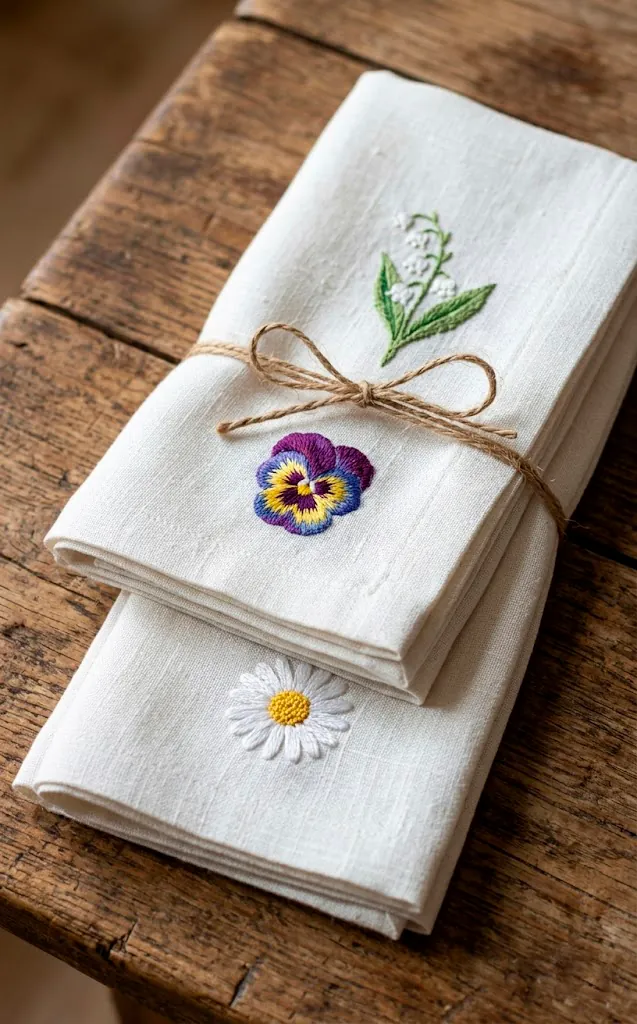 Hand-embroidered linen napkins with spring flower motifs.