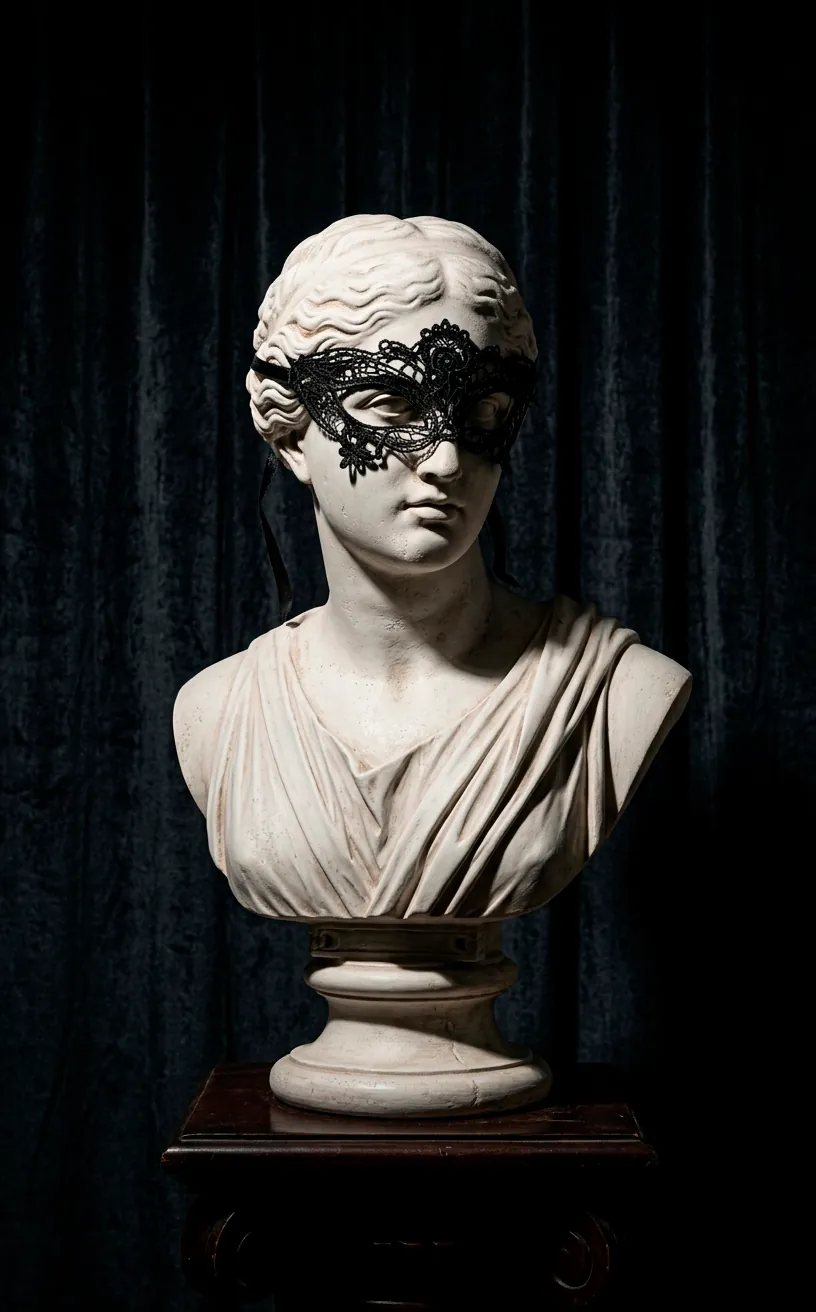 Classical white bust wearing a black lace masquerade mask in a dark room.