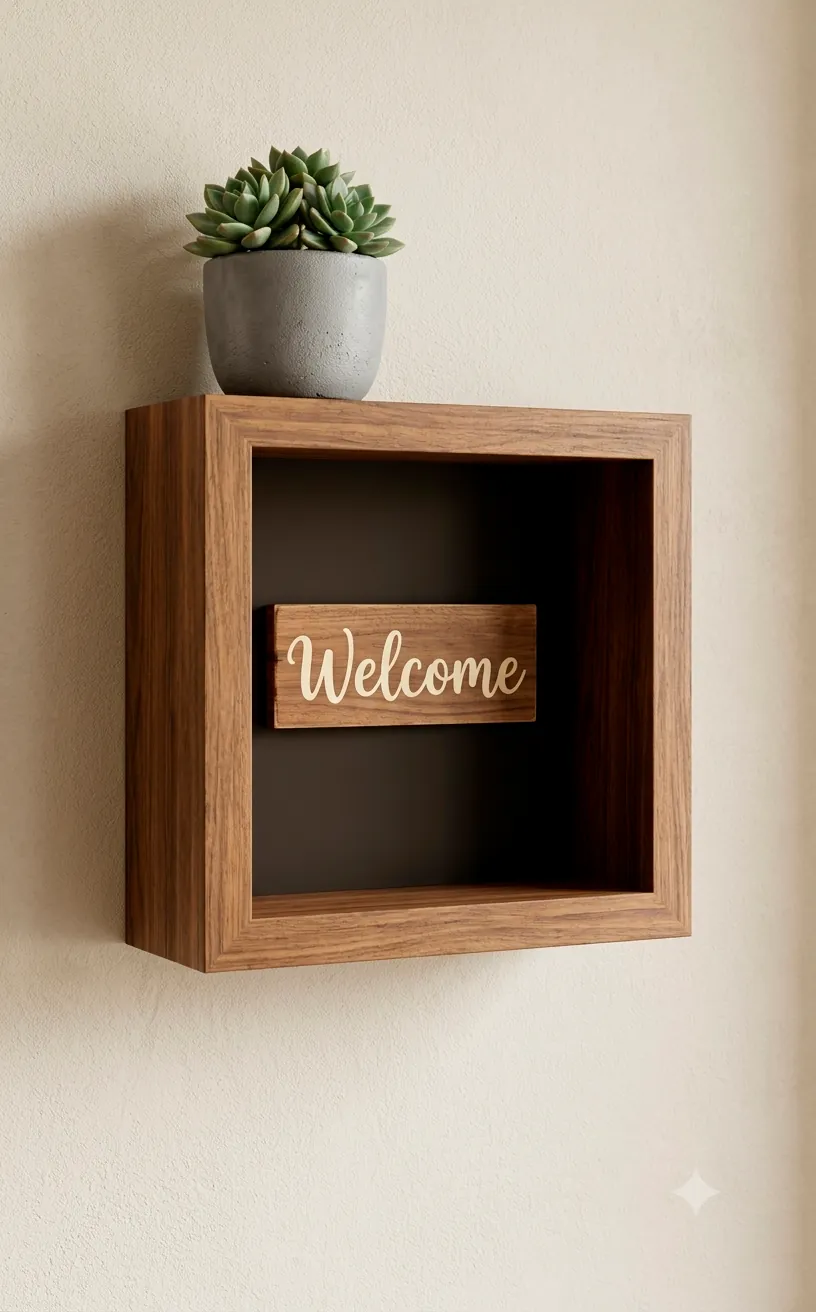 Wooden floating shadow box cubby shelf holding a welcome sign and succulent on a small front porch.