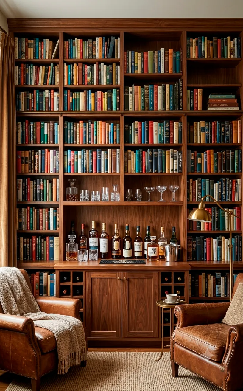 Built-in bookcase with a center section converted into a sophisticated home bar