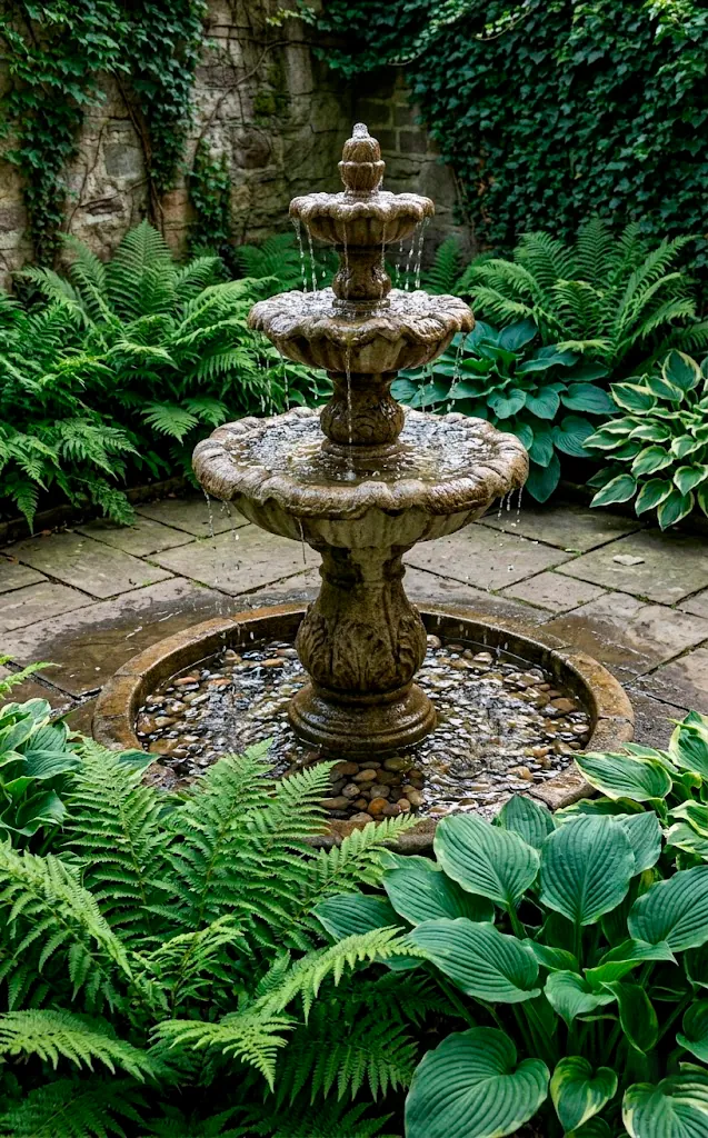 A three-tier stone outdoor water fountain surrounded by green plants.