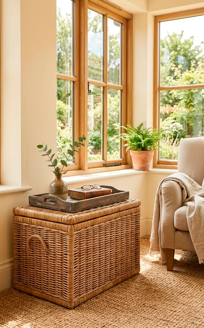 Natural woven rattan storage trunk used as an end table next to a sunroom window.
