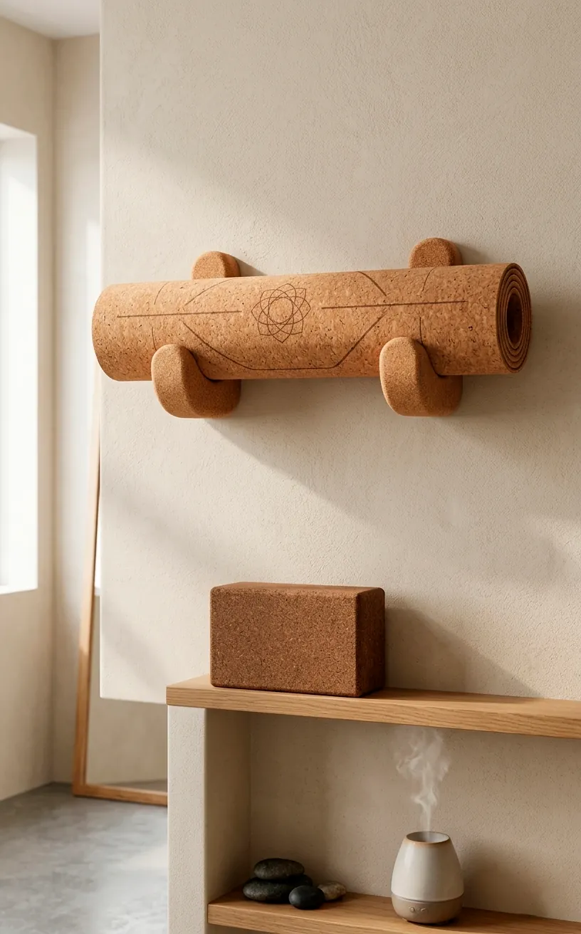 Natural cork yoga mat mounted on a wall display inside a clean minimalist apartment gym space.