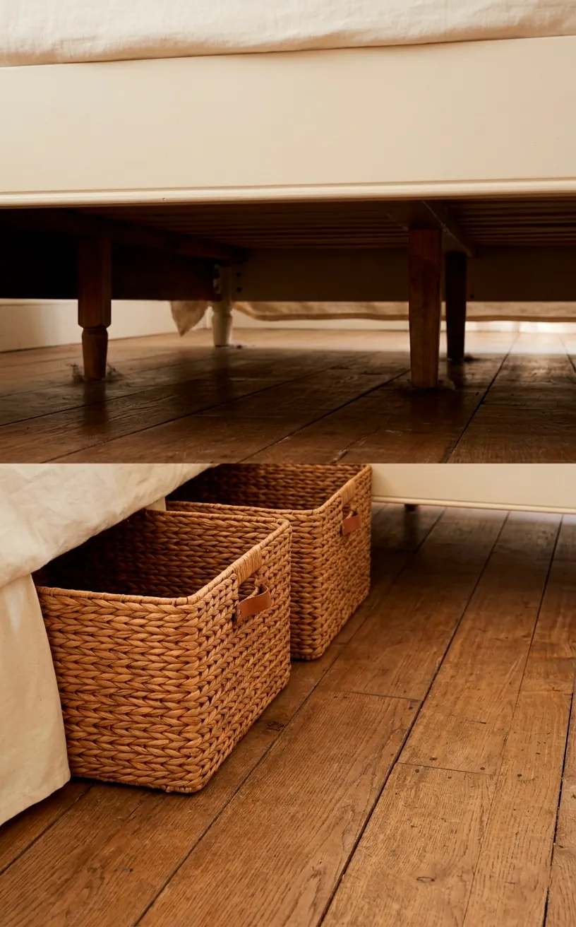Woven rattan under-bed storage baskets with warm brown tones on wood floor.