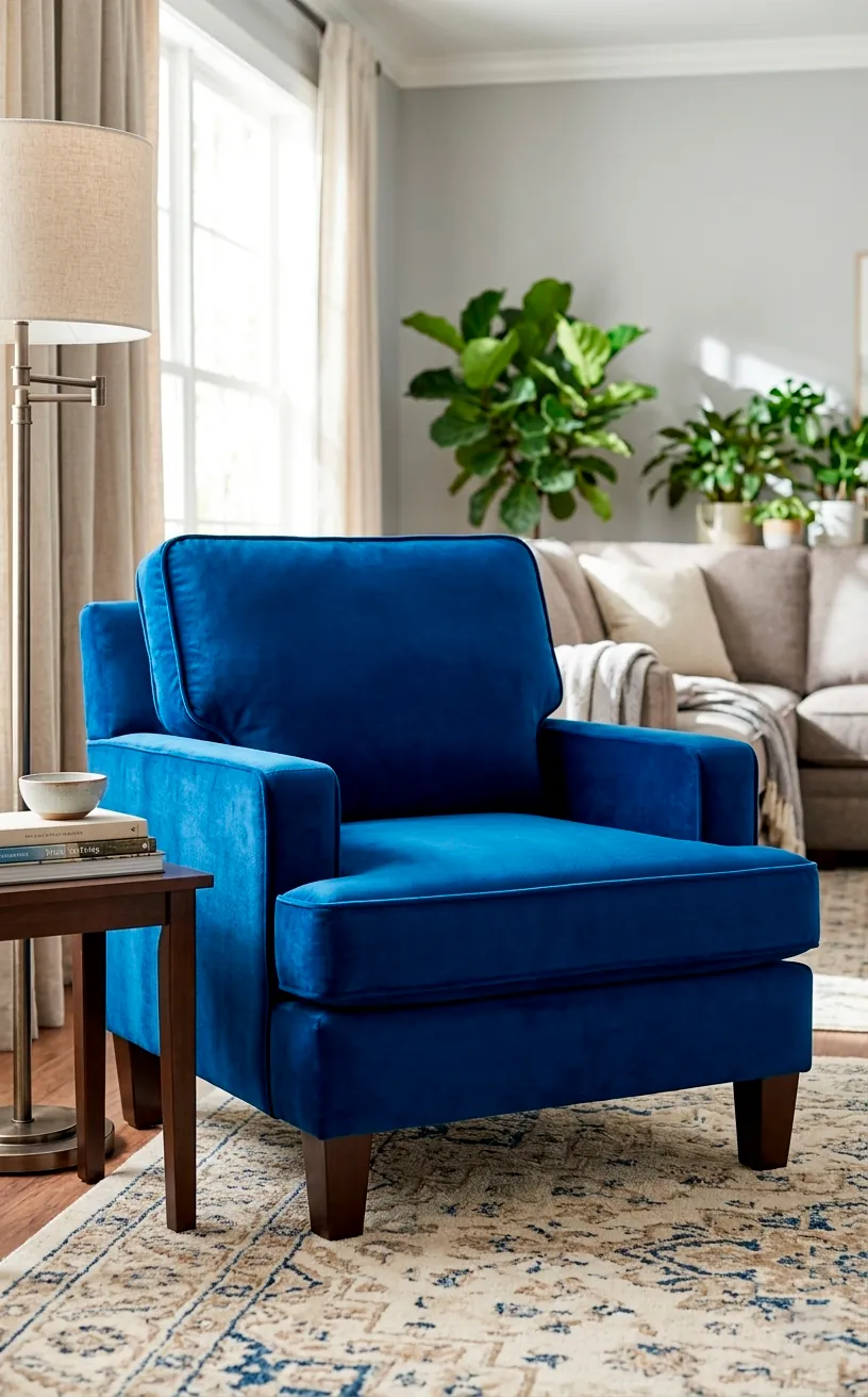 Royal blue velvet Lawson chair with plush cushions in a bright room.