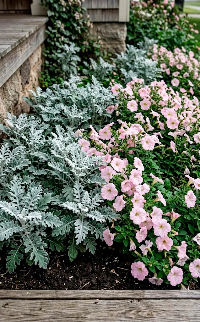 Dusty Miller silver foliage and pink flowers in a porch garden bed.