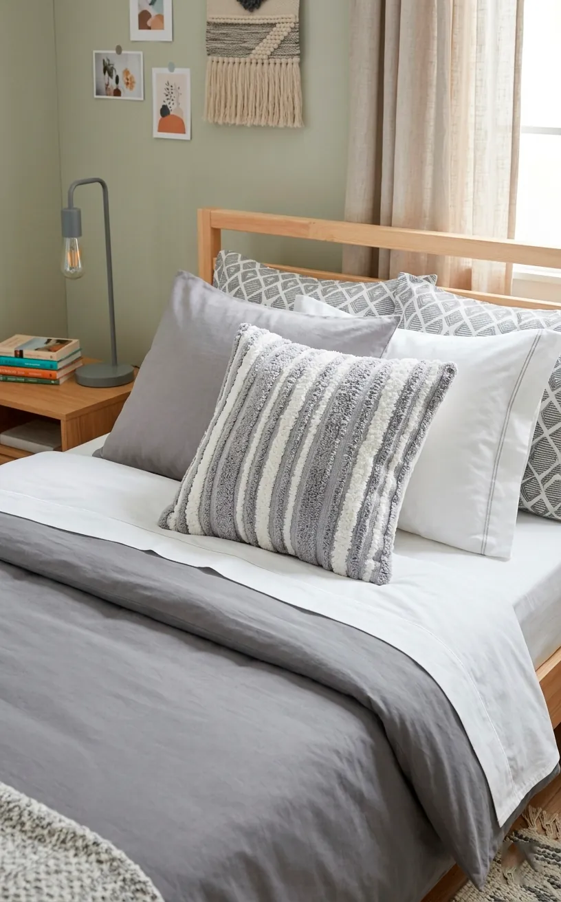 Plush chenille textured stripe throw pillow in soft gray and white on a modern youth bed.
