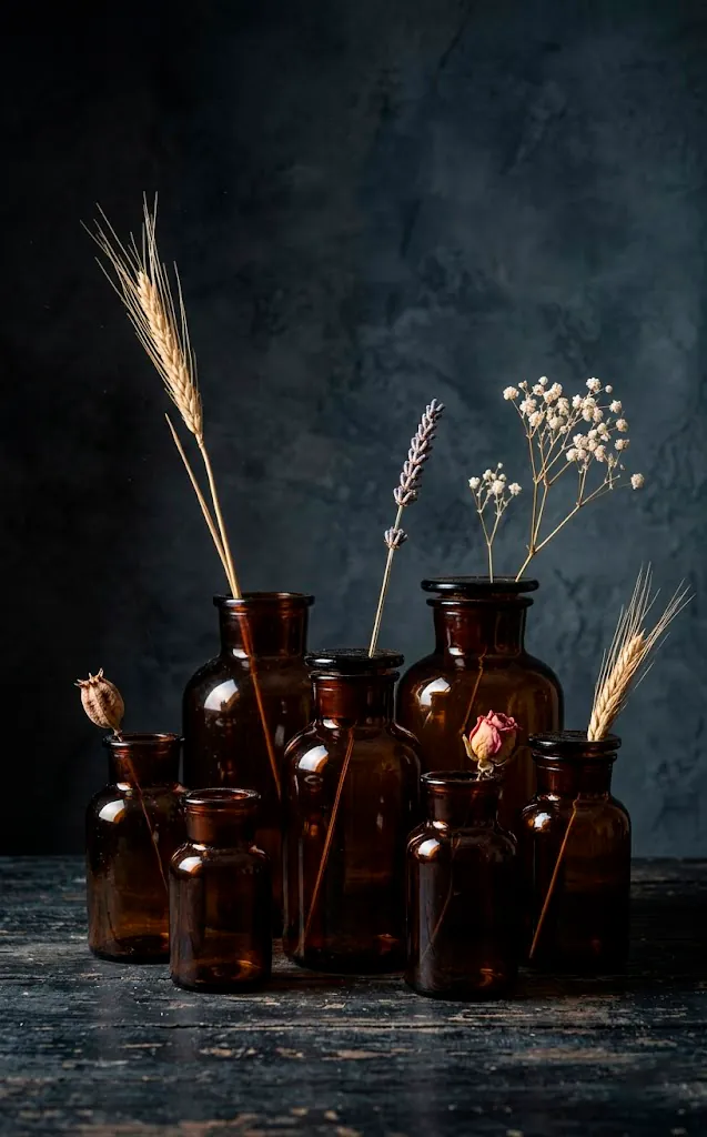 Amber apothecary jars used as vases for dried flowers on a table.
