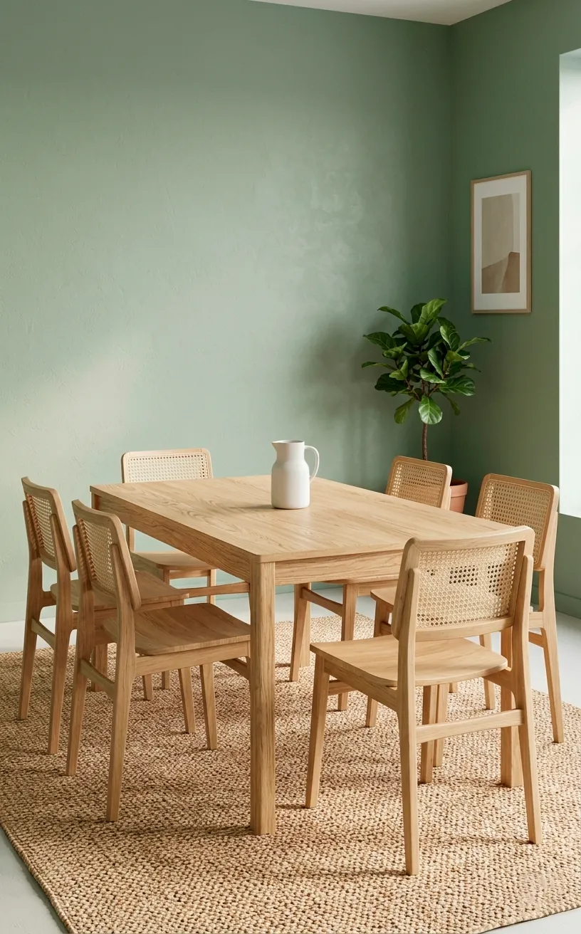 A bright sage green dining room showcasing a natural white oak dining table paired with stylish woven cane chairs.